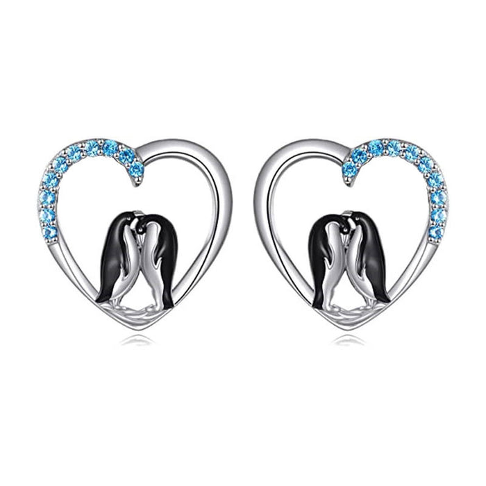 Silver Tone Penguin Heart Stud Earrings With Blue Crystal Arcs