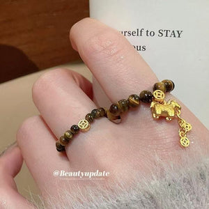 Tiger Eye Coin Horse Elastic Bead Ring Coffee Gold