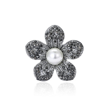 Five Petal Dark Crystal Flower Brooch With White Pearl