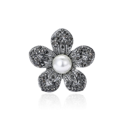 五瓣深色水晶珍珠花胸针 shown in product view 1 with visible metal and stone details