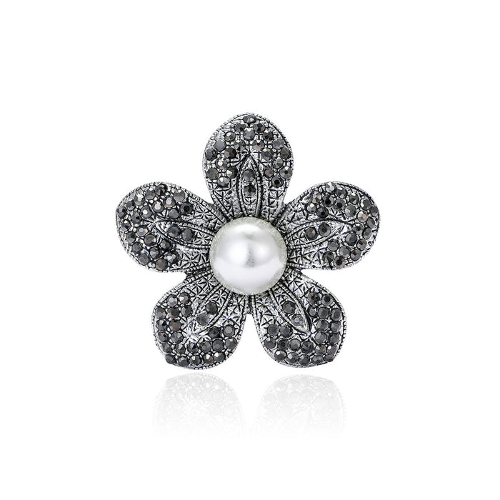 Five Petal Dark Crystal Flower Brooch With White Pearl