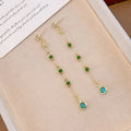 Green Bead and Teardrop Gold Tone Extra Long Earrings view 3