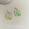 Gold Pearl Mint Enamel Window Frame Dangle Earrings view 4