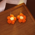 Orange Yarn Look Five Petal Flower Long Hook Earrings view 1