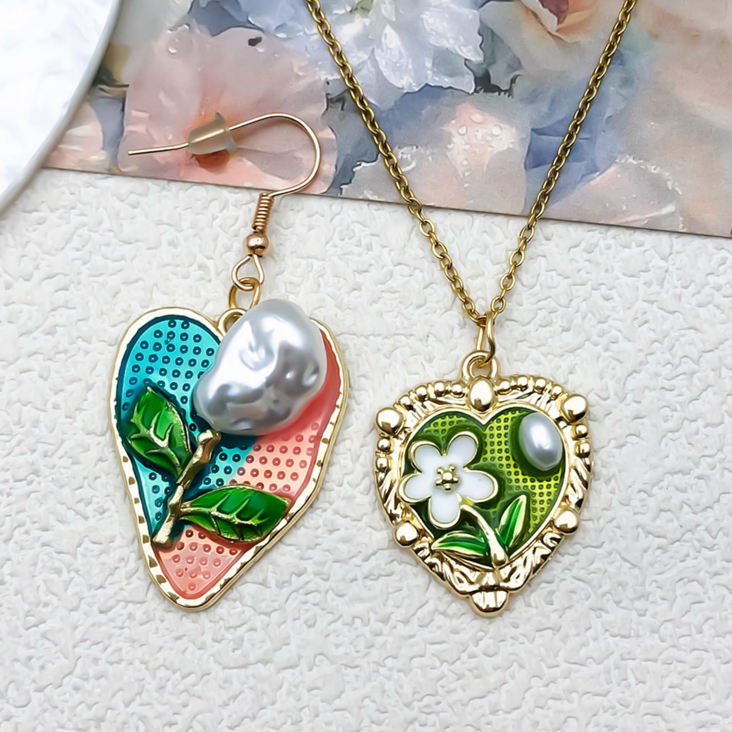 Zinc Alloy Enamel Heart Oil Painting Flower Charm Pendant for DIY Earrings Necklace