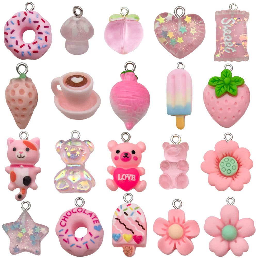 Pink Resin Flower Strawberry Mushroom Donut Charm Pendants for DIY Bracelet Necklace