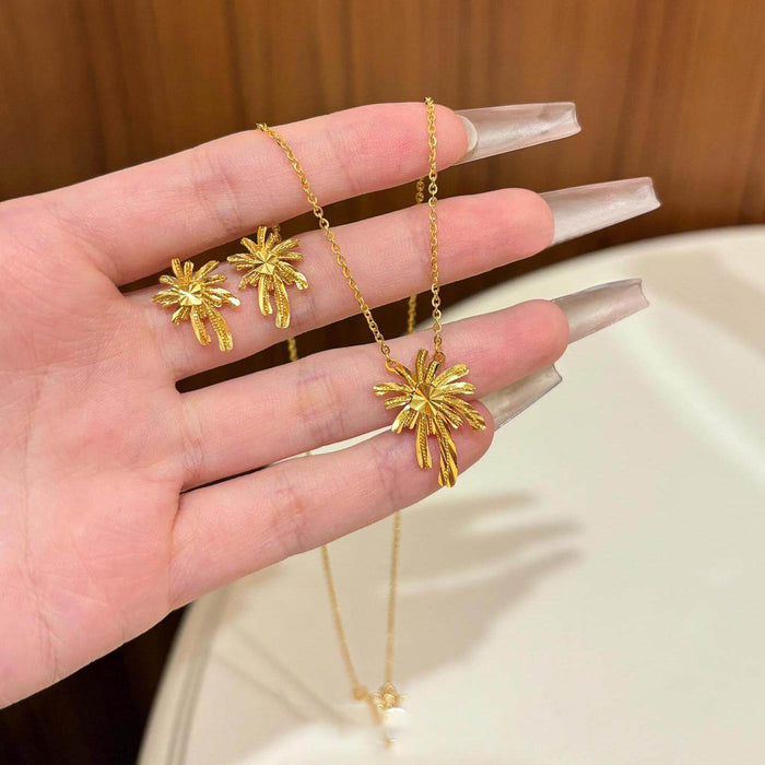 Gold Textured Palm Tree Necklace and Matching Stud Earrings