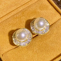 Pearl-Like Round Baguette Halo Stud Earrings In Two Tones view 2