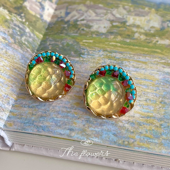 Gold Round Green Resin Cabochon Multicolor Crystal Studs