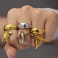 Stainless Steel Chunky Charm Rings Stone Drop Tassel Gold Silver view 3