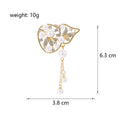 Gold Tone Ginkgo Leaf Pearl Look Tassel Metal Brooch Pin view 2
