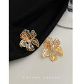 Gold Tone Openwork Flower Stud Earrings Clear Center Stone view 3