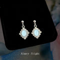 Silver Tone Ornate Pale Blue Oval Stone Drop Stud Earrings view 3