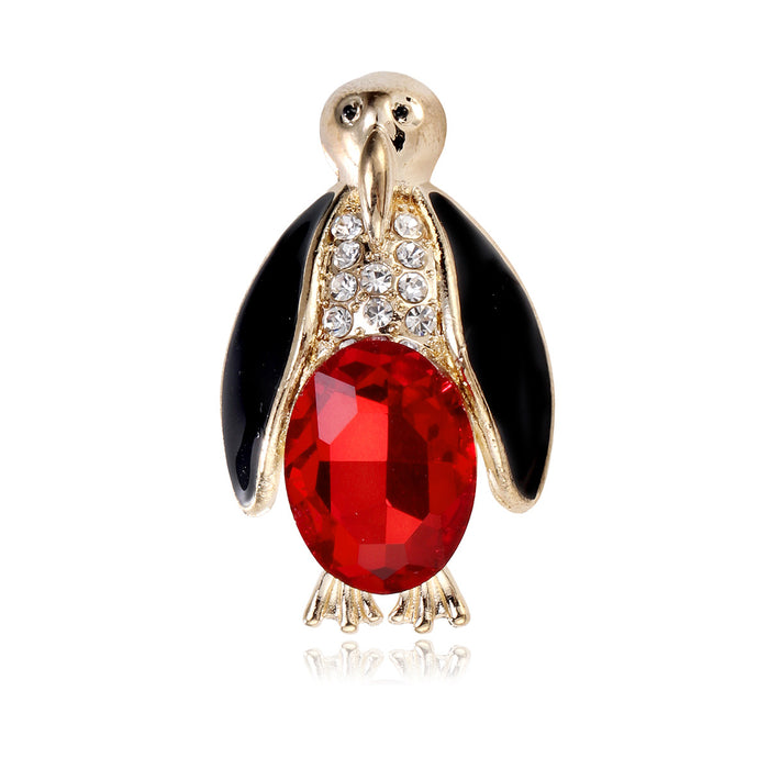 Red White Penguin Crystal Enamel Two Designs Metal Brooch Pin