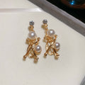 Gold Pearl Cross Link Necklace Matching Drop Earrings view 7