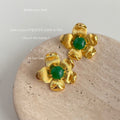 Gold Textured Flower Stud Green Cabochon Center Earrings view 3