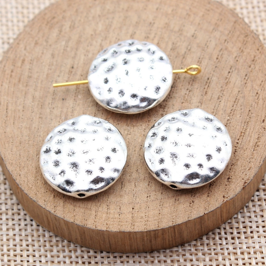 19x19x6mm 6.3g Antique Silver Zinc Alloy Hammered Round Loose Metal Beads with Small Hole for Jewelry Making
