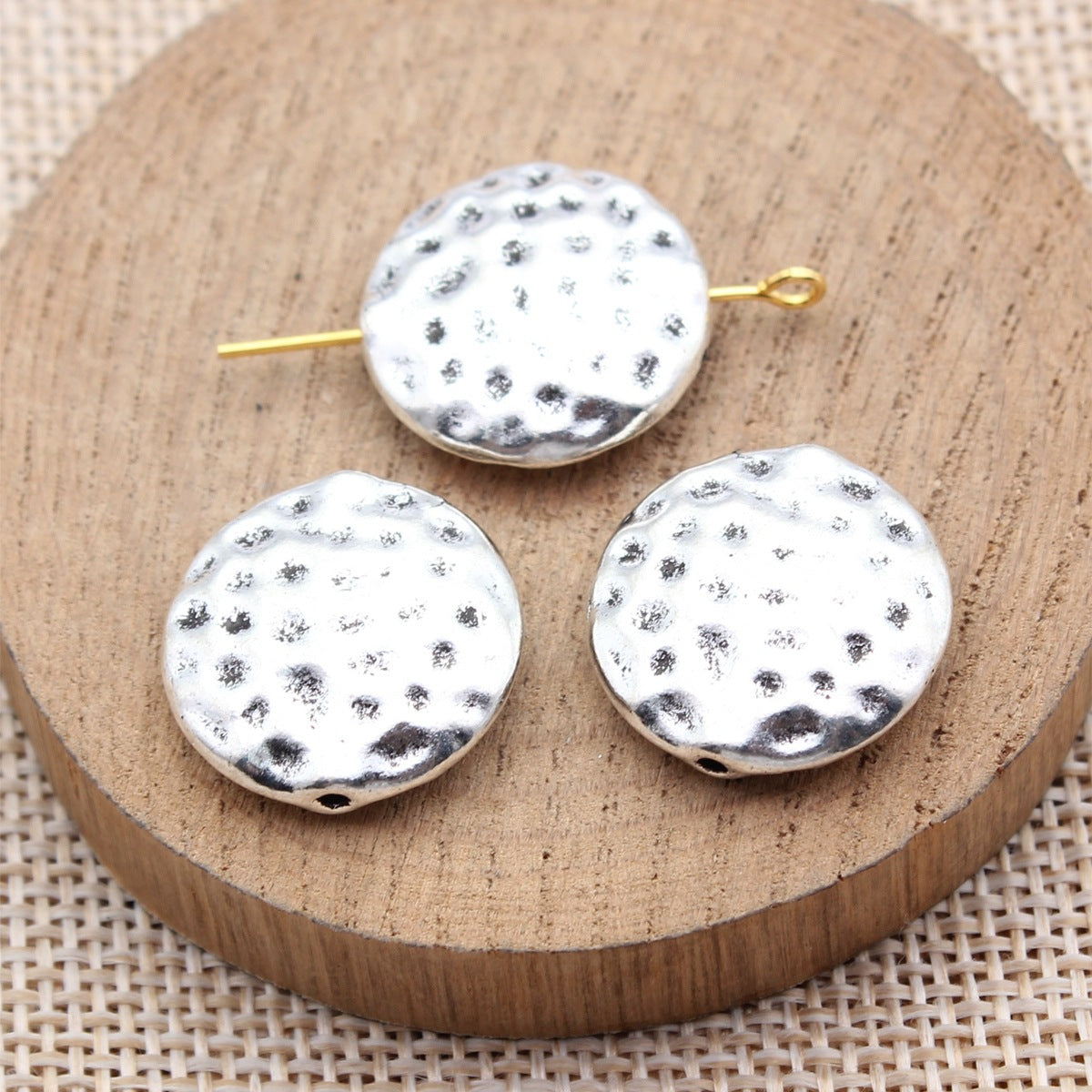 19x19x6mm 6.3g Antique Silver Zinc Alloy Hammered Round Loose Metal Beads with Small Hole for Jewelry Making