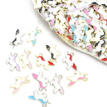White Enamel Unicorn Charms with Colorful Mane and Tail
