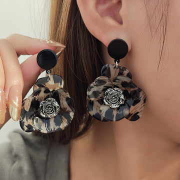 Leopard Print Flower Black Center Statement Stud Earrings