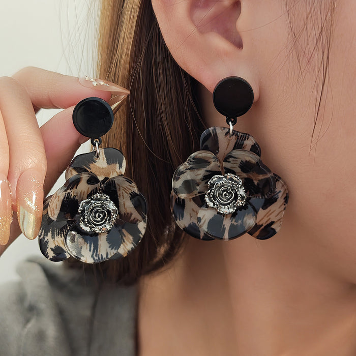Leopard Print Flower Black Center Statement Stud Earrings