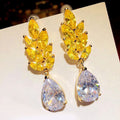 Yellow Crystal Leaf And Clear Teardrop Earrings Fashion Jewelry view 3