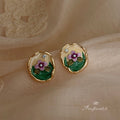 Gold Tone Enamel Pink Flower Green Leaf Stud Earrings view 4