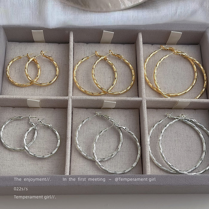 Twisted Texture Round Hoop Earrings In Gold Silver And Three Sizes