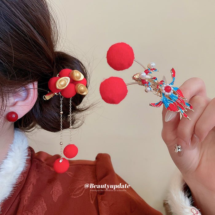Gold Red Blue Enamel Koi Fish Clip with Red Pom Poms