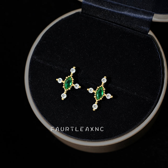 Gold Green Marquise Cross Stud Earrings Clear Accents