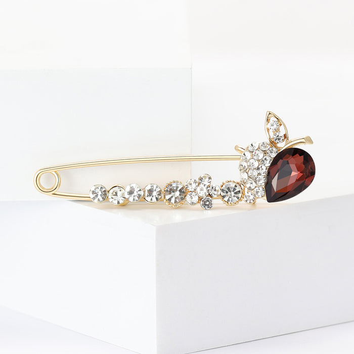 Long Gold Tone Safety Pin Brooch With Red Teardrop Flower