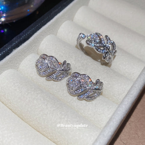 Silver pave leaf ear clips and open ring in white jewelry box