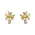 Gold Yellow White Enamel Daisy Stud Earrings Teardrop Crystal view 5