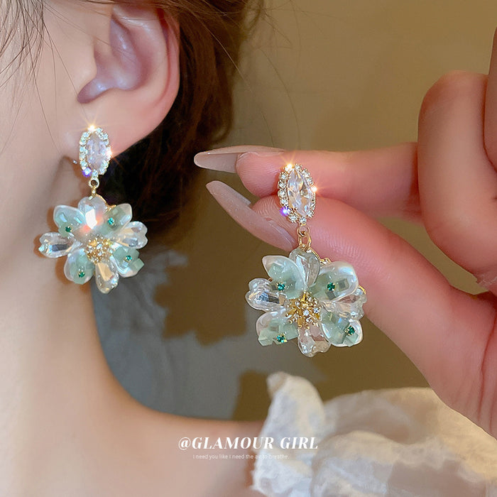 Aqua Crystal Flower Cluster Drop Earrings Fashion Jewelry