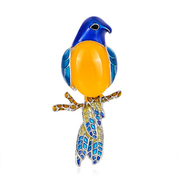 Blue and Yellow Bird Brooch with Floral Tail and Gold Tone Details