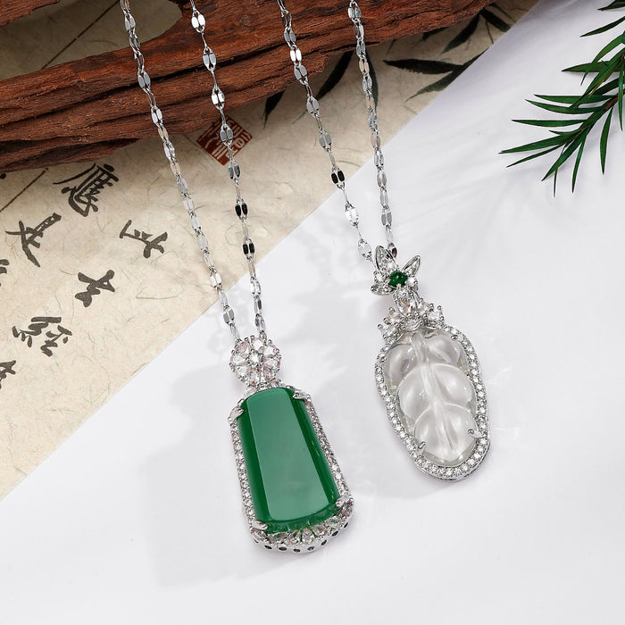 Jade Look Tablet and Leaf Pendant Necklaces 2 Styles