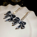 Black Bow Drop Earrings with Clear Crystal Trim and Pearl Accents view 6
