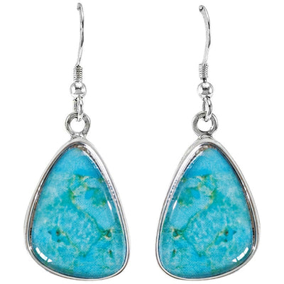 Pair silver turquoise teardrop cabochon hook drop earrings white background