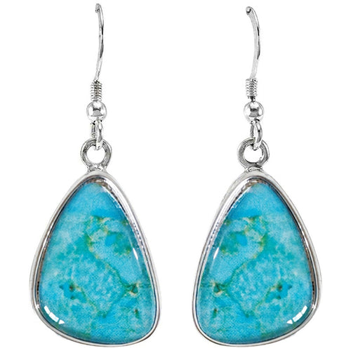 Pair silver turquoise teardrop cabochon hook drop earrings white background