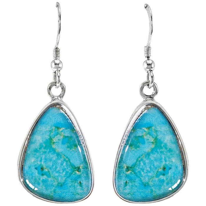 Antique Silver Turquoise Teardrop Cabochon Hook Drop Earrings
