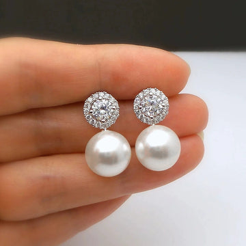 Pearl-Like Drop Stud Earrings With Round Clear Stone Halos