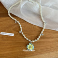White Beaded Necklace With Blue Flower Pendant Chain Pendant Jewelry view 2