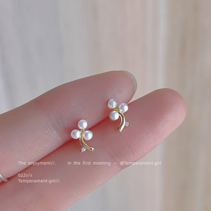 Gold Tone Curved Branch And Three White Pearl Mini Stud Earrings