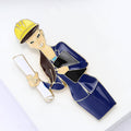 Woman Engineer Enamel Brooch With Hard Hat and Blueprint view 3