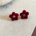 Velvet Flower Stud Earrings in Deep Red Statement Jewelry view 6