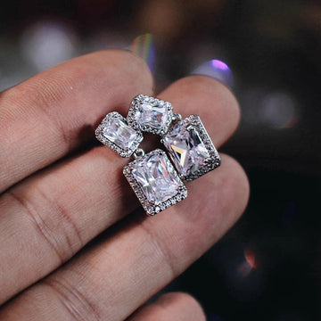 Double Square Crystal Drop Earrings in Silver Tone