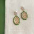 Green Enamel Gold Wave Oval Drop Earrings Pearl CZ Top view 1