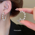 Silver Tone Open Hoop Stud Earrings Wrapped with Pearls view 1