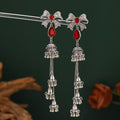 Blue and Red Bow Teardrop Silver Tone Jhumka Earrings view 4