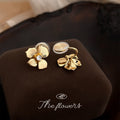 Gold Four Petal Flower Earrings Crystal Center Stud Clip view 7